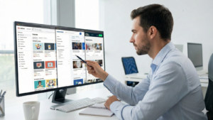 A man in an office points with a pen at a large computer monitor displaying a side-by-side comparison of the Udemy, Coursera, and Skillshare online learning platform interfaces.