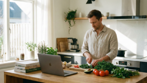 A man in a linen shirt prepares healthy food, chopping vegetables on a wooden island in a sunlit modern kitchen, while following a recipe on a laptop screen.