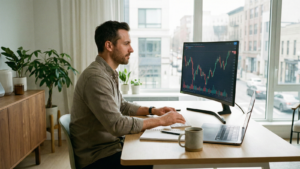 A man in a linen shirt sits at a desk in a bright, modern apartment, focused on a computer monitor displaying a financial stock chart. He is typing on a keyboard, with an open laptop and a mug also on the desk.
