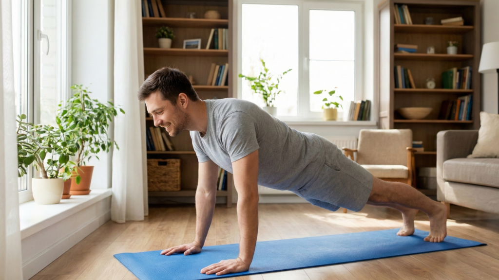 A man in grey sportswear performing a push-up exercise on a blue yoga mat on a wooden floor in a sunlit living room with plants and bookshelves during a home workout.