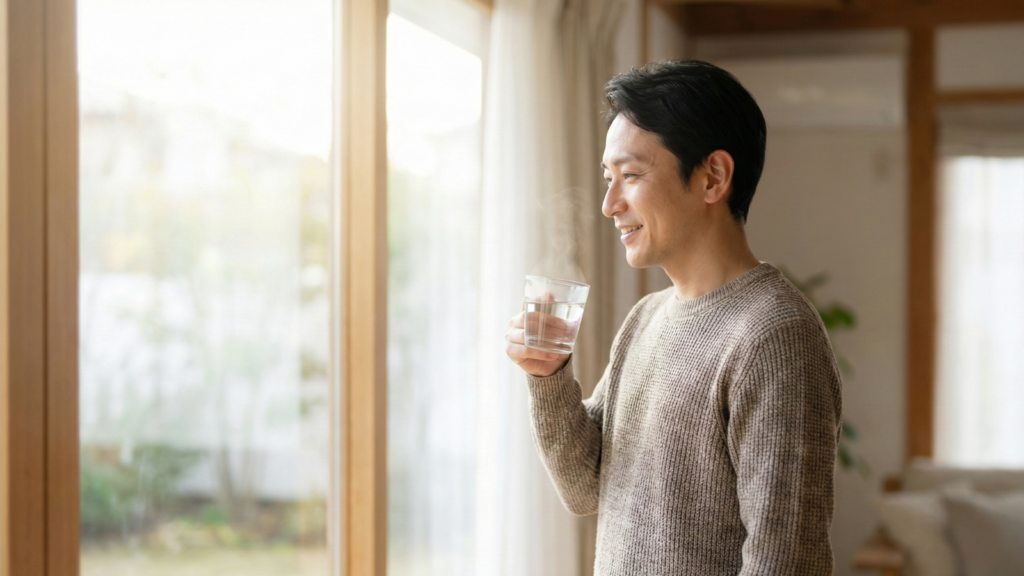 A smiling Asian man in a brown knitted sweater stands by a large window, looking out and holding a steaming glass of warm water in a sunlit living room.