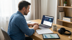 A man in a home office sits at a desk, focused on an online data analytics course on his laptop. An open notebook with handwritten notes and a tablet displaying financial charts are beside him.