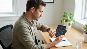 A man sits at a desk in a home office, checking health data graphs on his smartphone and smartwatch, with a tablet displaying similar information in the background.