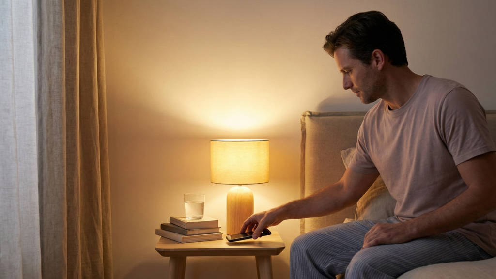 A man in pajamas sits on the edge of a bed at night, placing his smartphone on a wooden nightstand next to a lit lamp and a glass of water.