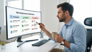 A man in a blue shirt points with a pen at a computer monitor displaying a chart of "High-Paying Career Certifications" in Technology, Finance, and Business categories, including salary ranges for roles like Cloud Solutions Architect and PMP.