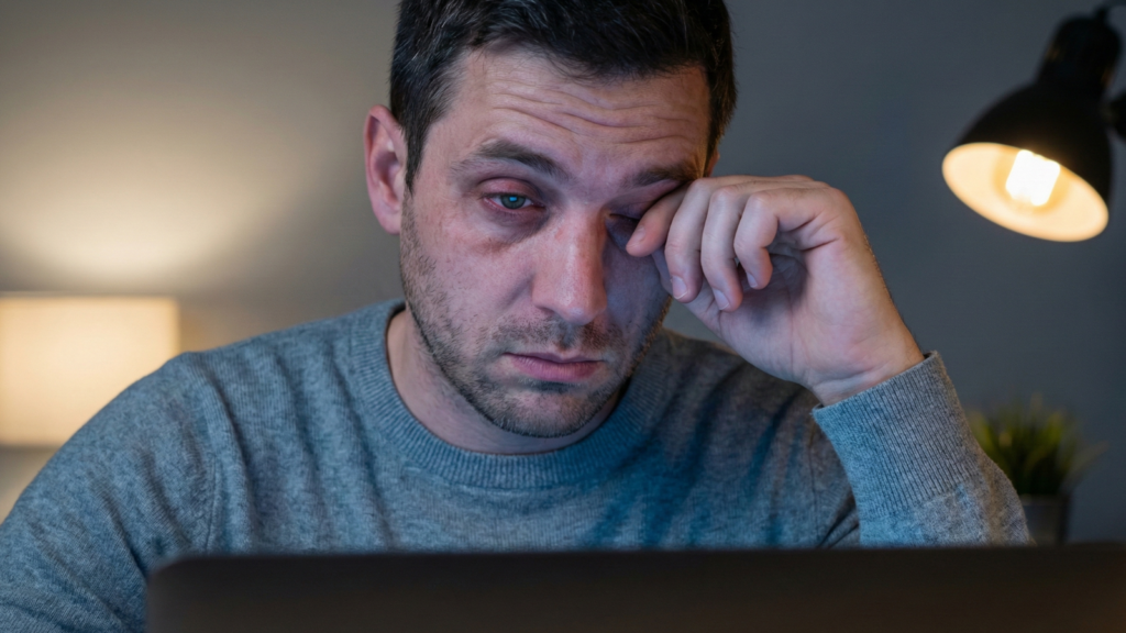 A man with tired, red eyes rubs his eye while looking at a laptop screen in a dimly lit room at night, showing signs of digital eye strain and fatigue.