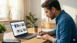 A man in a blue shirt sits at a wooden desk in a sunlit home office, writing notes in a spiral notebook. His laptop is open, displaying a web page with a grid of online video course thumbnails and titles. A coffee cup and a potted plant are also on the desk.