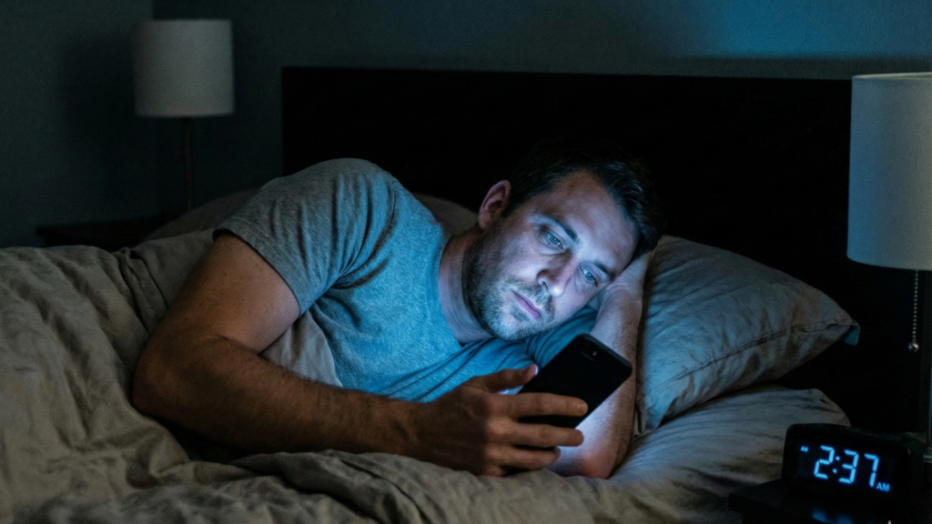 A man lying awake in bed at night, illuminated by the blue light from his smartphone screen. A digital clock next to him reads 2:37 AM, indicating sleep disruption or insomnia from late-night screen use.