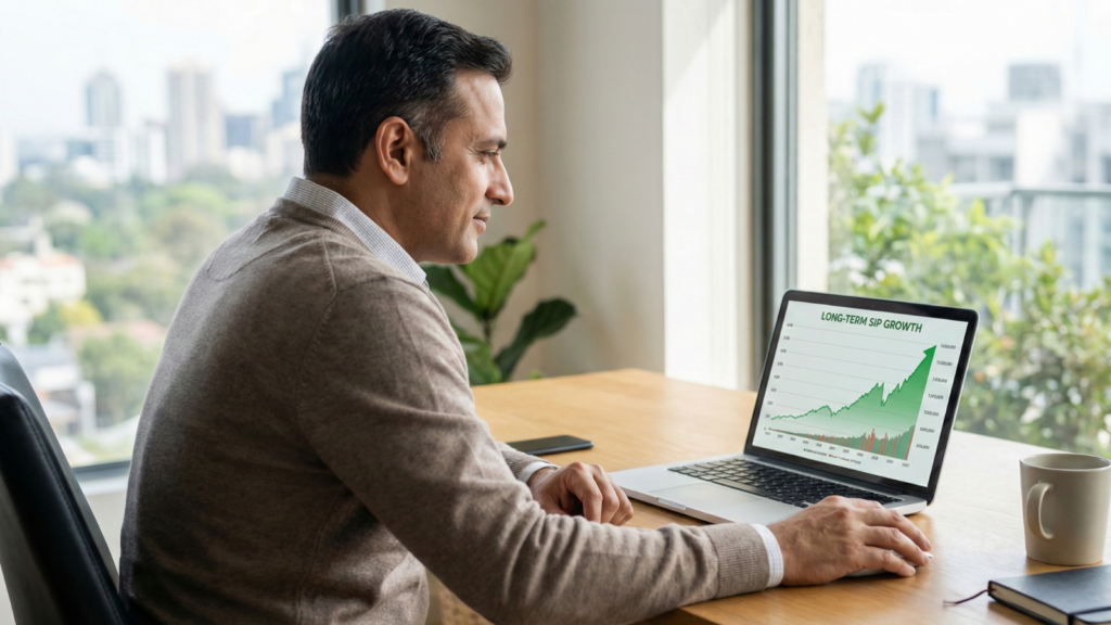 A middle-aged man sits at a desk in a modern home office, smiling while looking at a laptop screen that displays a line graph showing "LONG-TERM SIP GROWTH" with an upward trend.