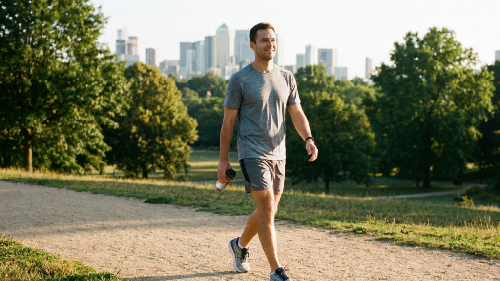 A man in athletic wear smiles as he walks on a dirt path in a park during sunny morning, holding a water bottle, with a city skyline and trees in the background, representing a healthy and active lifestyle.