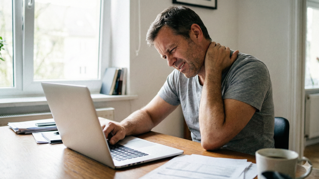 A middle-aged man grimaces and holds his painful neck while working on a laptop at a wooden desk in his home office.