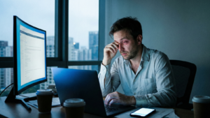 A man looking exhausted and rubbing his red, tired eye while working late at night at a desk in an office with a laptop, monitor, smartphone, and coffee cups. The image illustrates digital eye strain and professional burnout.