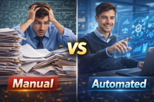 Split screen image showing stressed teacher handling paperwork versus calm teacher using an AI-powered automated teaching dashboard, representing manual vs automated workflow comparison.