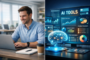 Split scene showing a marketer working on a laptop on the left and AI-powered dashboards with analytics, content creation, and task automation on the right, representing free AI tools enhancing productivity.