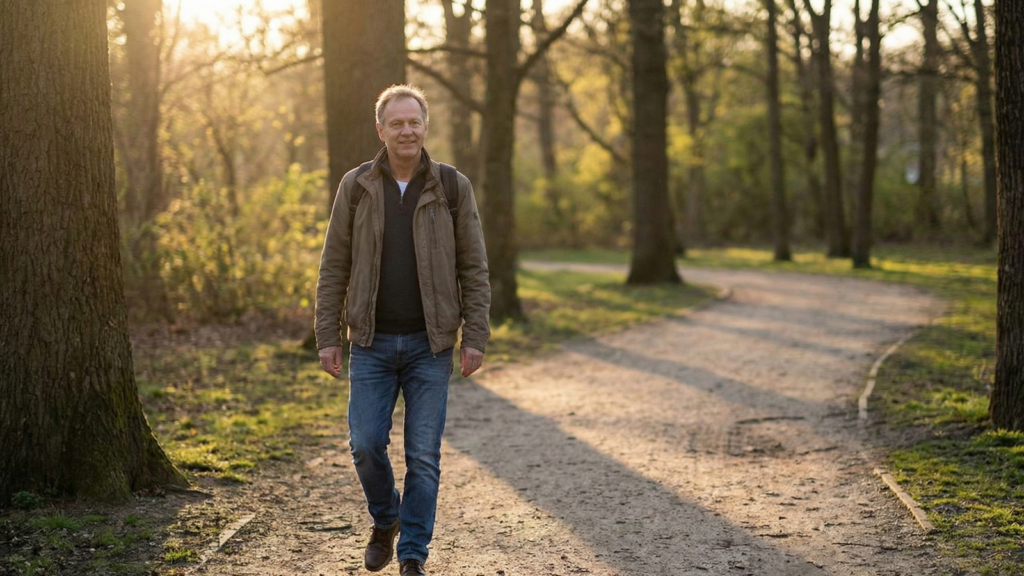 A middle-aged man with a backpack smiles as he walks along a winding dirt path in a sunlit forest at sunset.