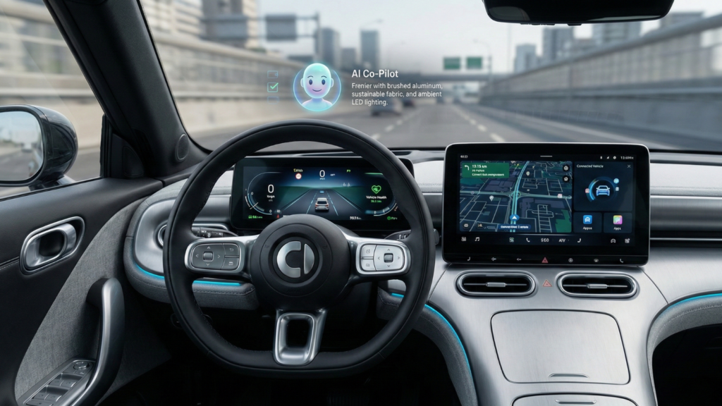 A modern smart car interior featuring a futuristic digital dashboard with a navigation map, a connected vehicle interface screen showing various apps, and a holographic "AI Co-Pilot" avatar display. The steering wheel has touch controls, and ambient blue LED lighting accentuates the brushed aluminum and sustainable fabric surfaces. The car appears to be in motion on a city highway.