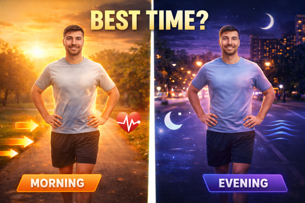 Split-screen YouTube thumbnail comparing a man walking in a sunny park labeled "MORNING" with energy icons against walking on a city road at dusk labeled "EVENING" with calm icons, asking "BEST TIME?" in the center to evaluate optimal walking schedules.