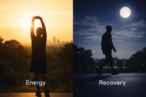 Split-screen image showing a morning stretch labeled energy and an evening walk labeled recovery, illustrating the heart and mental health benefits of walking at different times of the day.