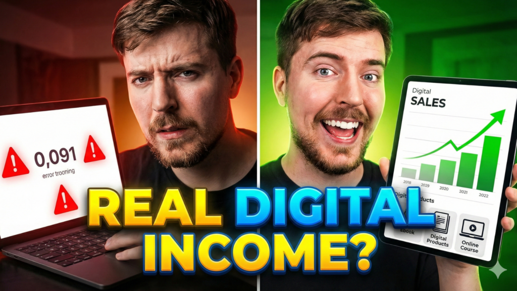 YouTube thumbnail featuring a split screen of MrBeast, on the left looking sad at a laptop with an error, and on the right smiling while holding a tablet showing a rising "Digital SALES" graph, with large text reading "REAL DIGITAL INCOME?".