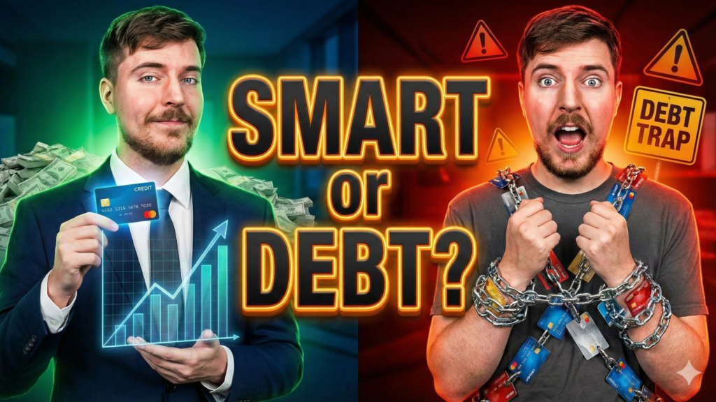 YouTube thumbnail with a split-screen comparison featuring MrBeast. The left side shows him smiling in a suit, holding a credit card and a positive financial growth graph next to the word "SMART". The right side shows him looking shocked, bound by chains made of credit cards with "DEBT TRAP" warning signs next to the words "OR DEBT?".