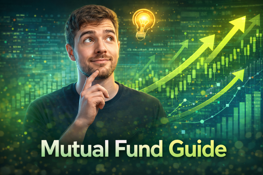 Beginner mutual fund investing guide showing a thoughtful man with upward growth charts and arrows, representing long term investment planning and financial growth