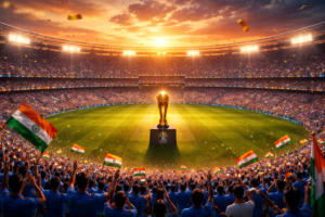 Narendra Modi Stadium in Ahmedabad packed with Indian fans as the ICC T20 World Cup trophy glows at the center during sunset