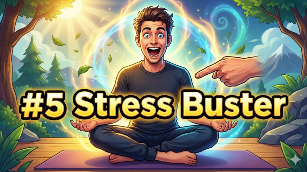 Cartoon YouTube thumbnail illustration showing an excited man in a meditative pose surrounded by a glowing golden and blue aura in a natural setting. A hand points to large text overlay reading "#5 Stress Buster"