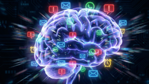 A glowing purple and blue human brain model floating against a dark circuit board background, surrounded by numerous colorful, glowing notification icons for emails, calls, and alerts, illustrating the concept of cognitive overload and digital distraction.