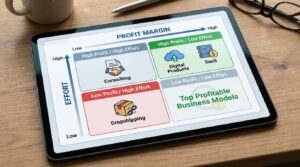 2x2 matrix infographic comparing online business models by effort and profit margin, highlighting digital products and SaaS as high profit options