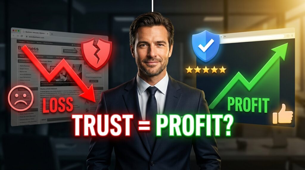 Comparison of online businesses with and without trust showing profit and loss in 2026