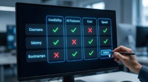 Comparison dashboard showing Coursera, Udemy, and bootcamps evaluated by credibility, AI features, cost, and speed.