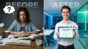 “Student transformation from confusion to career success through online learning certification.