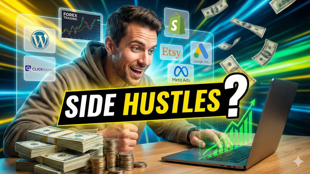 A vibrant YouTube thumbnail showing an excited man at a laptop with stacks of money and a green growth chart. Large text asks "SIDE HUSTLES?". Floating logos around him include Shopify, Etsy, WordPress, Forex Trading, Google Ads, and Meta Ads, representing online income opportunities.