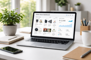 Laptop displaying an online store dashboard with product listings and sales analytics in a clean, modern workspace, representing building and managing an ecommerce business.