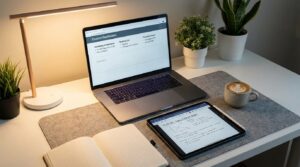 Organized student desk setup with laptop dashboard showing assignments, reading list, and financial tracker in a calm, productive workspace