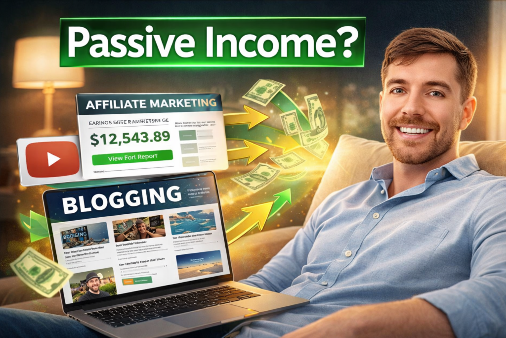 YouTube thumbnail showing a confident entrepreneur with a laptop, highlighting passive income through affiliate marketing, blogging, and online business growth.