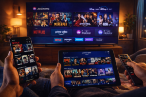 Realistic modern image of a person using OTT apps on multiple devices including mobile, tablet, and smart TV, streaming Netflix, Amazon Prime Video, and JioHotstar in a comfortable home environment with cinematic lighting