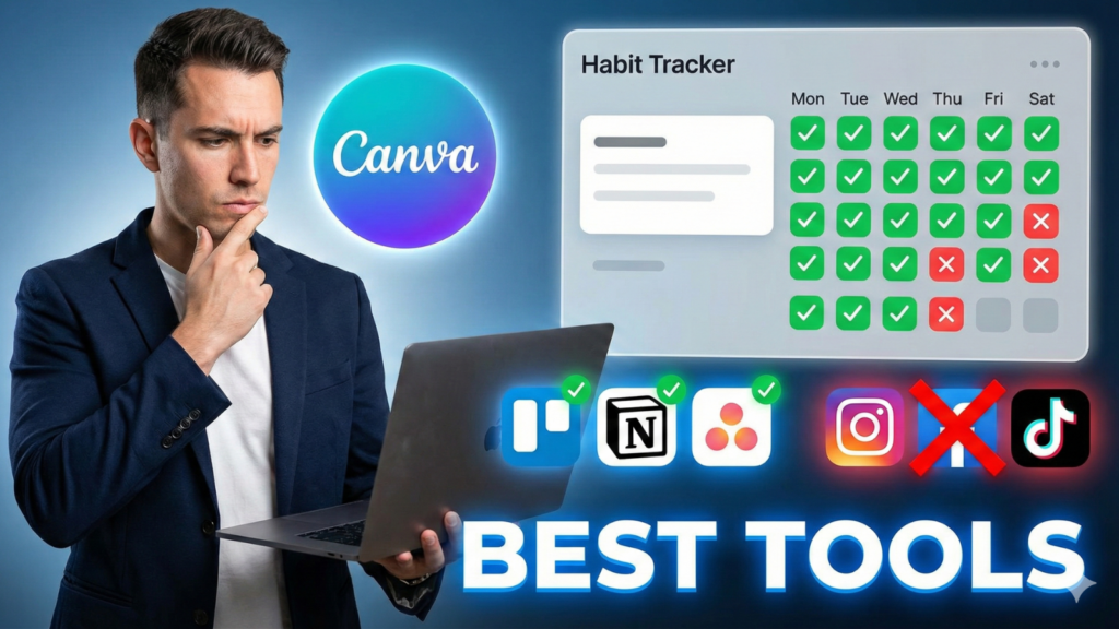 A thoughtful man in a blazer holds a laptop next to a Canva logo and a habit tracker with green checks. Below, productivity app icons like Trello, Notion, and Asana have green checkmarks, while social media icons like Instagram, Facebook, and TikTok are crossed out with red X's. The text "BEST TOOLS" is prominently displayed below.
