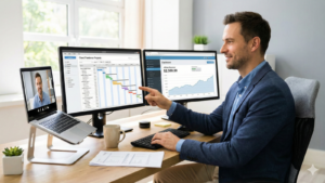 A professional man in a home office, smiling as he points to a monitor showing a client freelance project Gantt chart, while a second monitor displays an affiliate revenue dashboard of $2,350 and a laptop shows a video call.