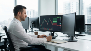 A professional trader in a modern office analyzes a financial chart on a computer screen, highlighting stop-loss and take-profit risk management levels while writing in a notebook at his desk.