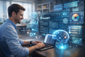 A professional in a modern office using ChatGPT on a laptop, surrounded by holographic AI visual overlays showing data insights, workflow automation, and analytics, representing human and AI collaboration.