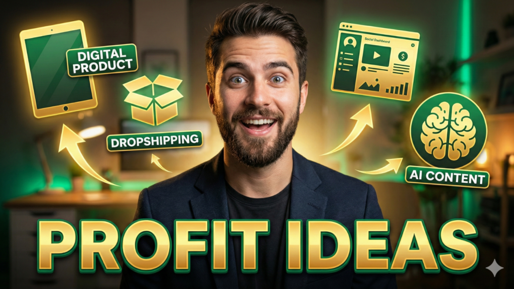 A YouTube thumbnail featuring an excited man and icons for "Digital Product," "Dropshipping," and "AI Content," with large text reading "PROFIT IDEAS."
