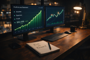 Modern home office at night with dual monitors showing profit and loss statement, rising green trends, and a notebook labeled risk vs reward, explaining what makes a business profitable for beginners.