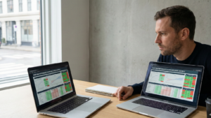 A focused male prop firm trader reviews performance metrics and risk management rules on a laptop in a minimalist workspace, demonstrating professional trading discipline.