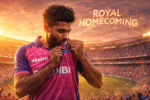 Ravindra Jadeja kissing the Rajasthan Royals badge at Sawai Mansingh Stadium during IPL 2026 royal homecoming moment