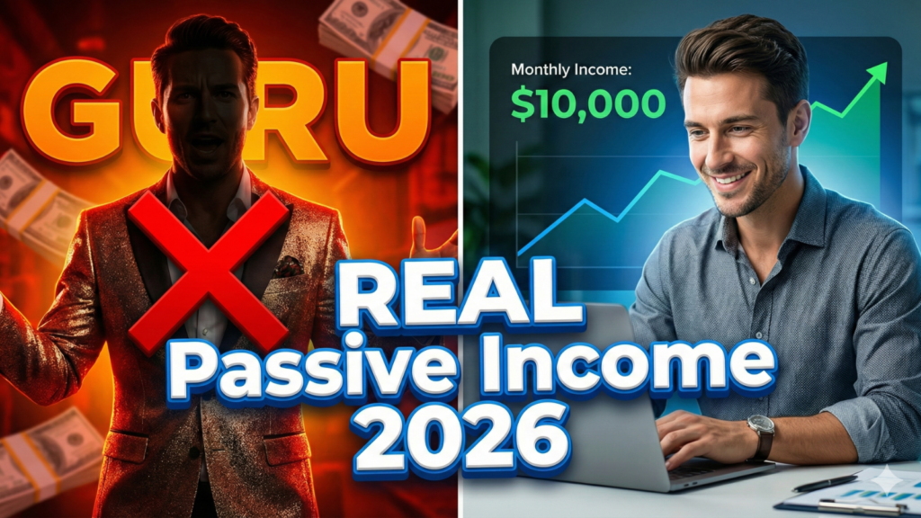 YouTube thumbnail with a split screen. The left side, in red, shows a "GURU" in a flashy suit with a red 'X' and money. The right side, in blue and green, shows a man smiling at a laptop with a graph showing "$10,000 Monthly Income". Large text across the middle reads "REAL Passive Income 2026".