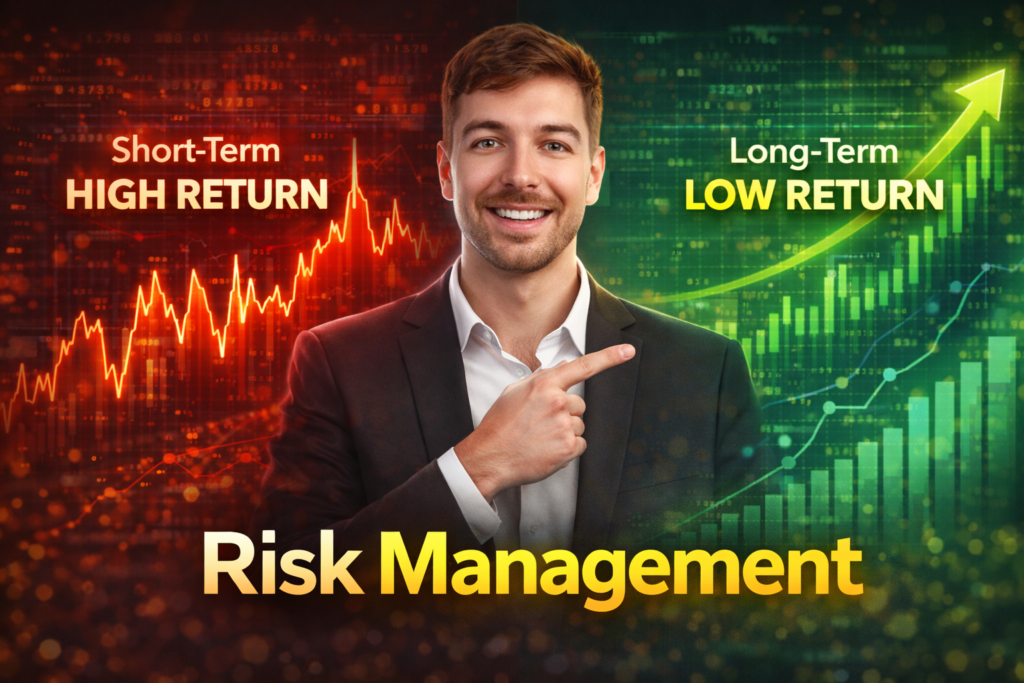YouTube thumbnail showing a confident man comparing short-term high return risk with long-term stable growth charts, explaining risk management in personal finance