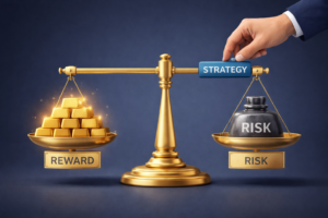 3D illustration showing the balance between risk and reward in investing, with a strategy slider adjusting a scale holding gold bars and a risk weight, explaining basic risk management concepts