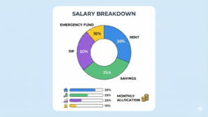 A modern infographic donut chart titled "SALARY BREAKDOWN" showing Rent (30%), Savings (25%), SIP (20%), and Emergency Fund (10%). Below it, horizontal progress bars with icons illustrate the same "MONTHLY ALLOCATION" percentages for each category.