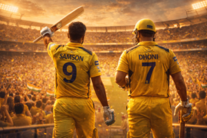 Sanju Samson and MS Dhoni walking out to bat together for Chennai Super Kings at Chepauk during IPL 2026
